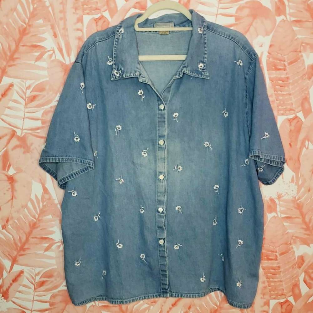 Chambray denim embroidered button down plus 3x